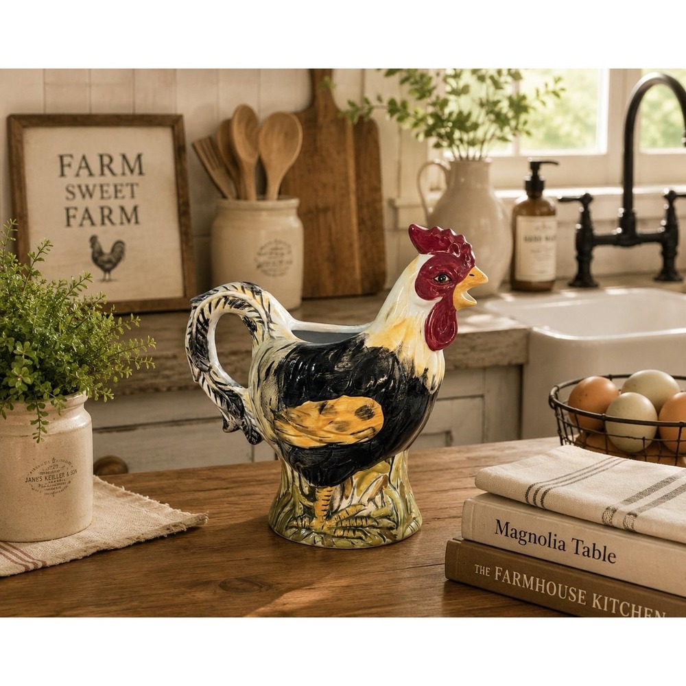 Calderone Hand Painted Collection Rooster Pitcher Creamer Jug Farmhouse Kitchen